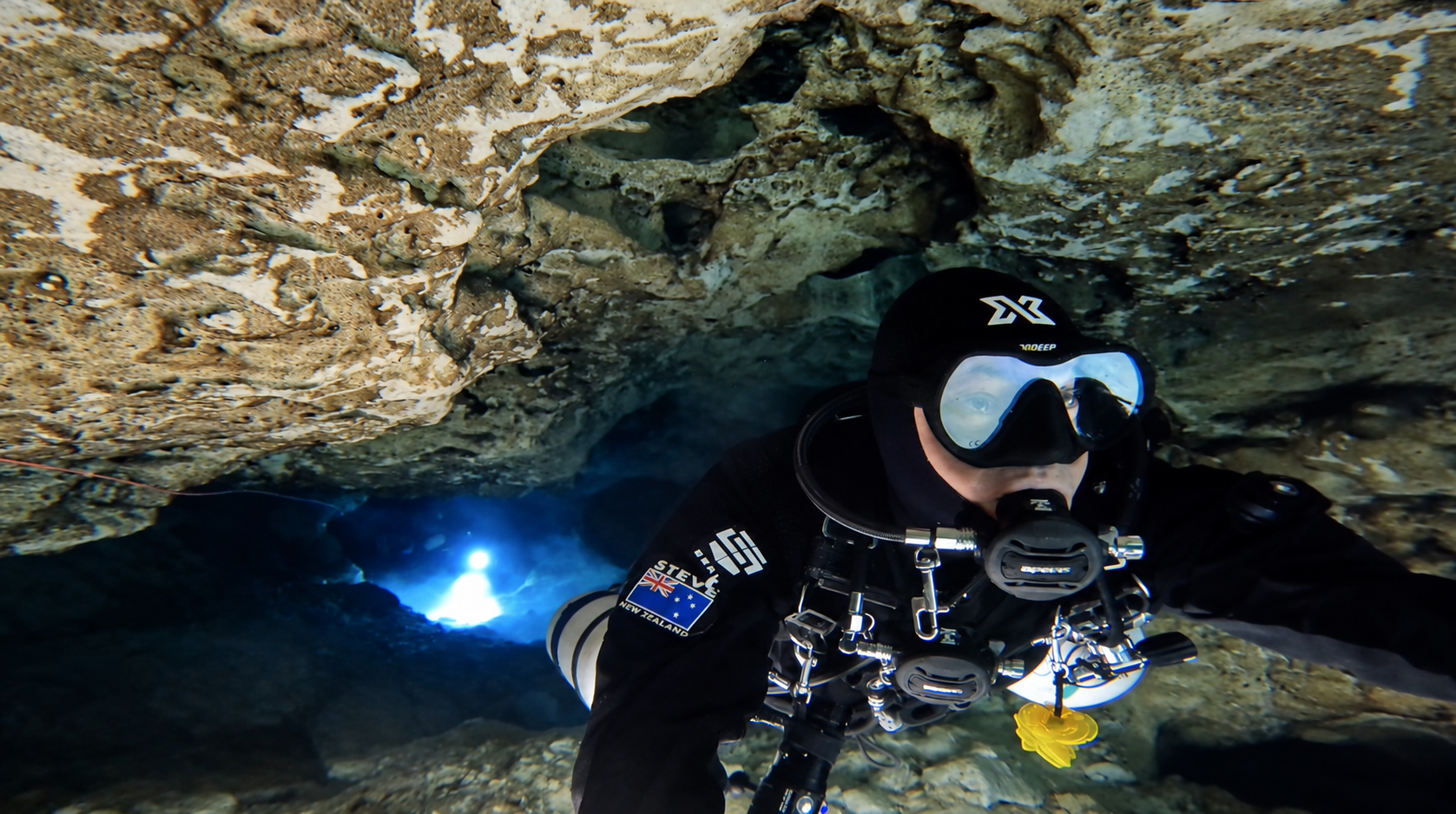 Steve Davis sidemount diving in a cave
