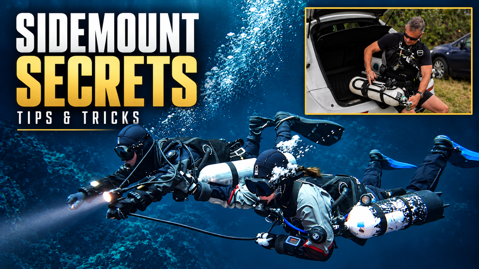 Sidemount Secrets: Tips & Tricks — sidemount divers underwater and Steve preparing a cylinder